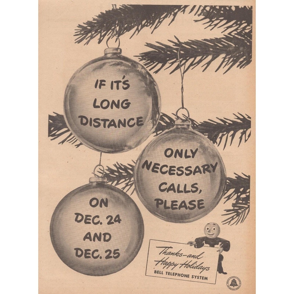 Vintage 1946 Bell Telephone Christmas Holiday Post War Long Distance Print Ad